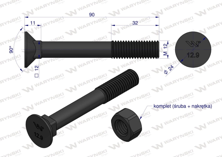 Śruba kpl. płużna podsadzana D 608 M12x90 mm kl.12.9 zastosowanie Gruber Waryński 2