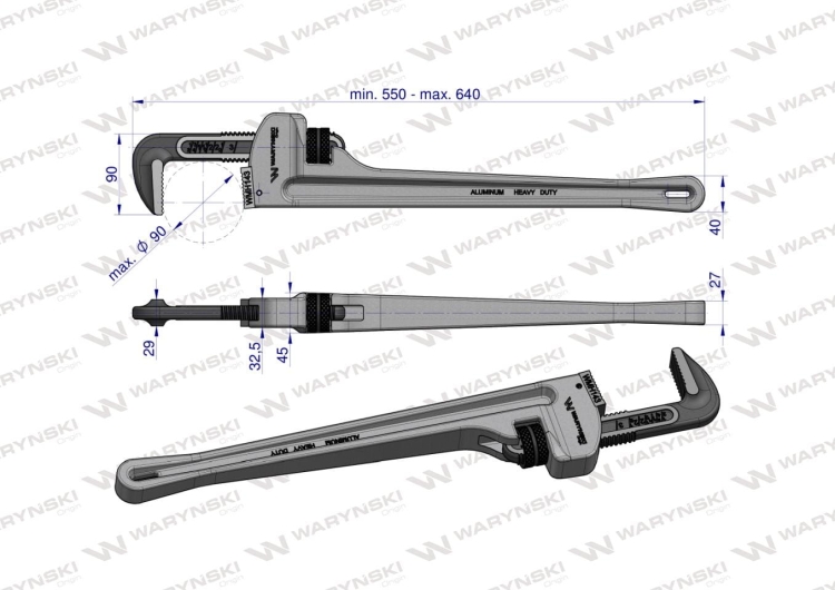 Klucz do rur typ amerykański 24" uchwyt aluminium wzmocniony szczęki CrMo max średnica Waryński 3