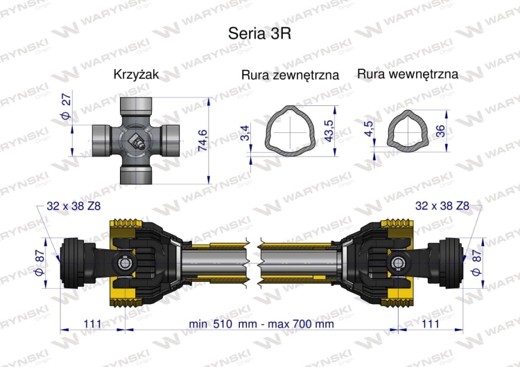 Wał przegubowo-teleskopowy 510-700mm 460Nm 32X38 Z8 rosyjski z dwóch stron 50210 CE 2020 seria 3R WARYŃSKI 3