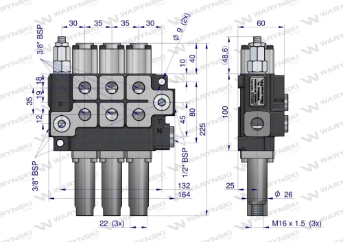 Rozdzielacz hydrauliczny 3-sekcyjny max przepływ 40L sterowany na linkę Waryński 2