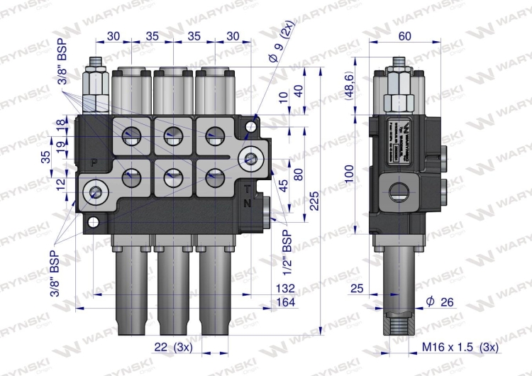 Rozdzielacz hydrauliczny 3-sekcyjny max przepływ 40L sterowany na linkę Waryński 2