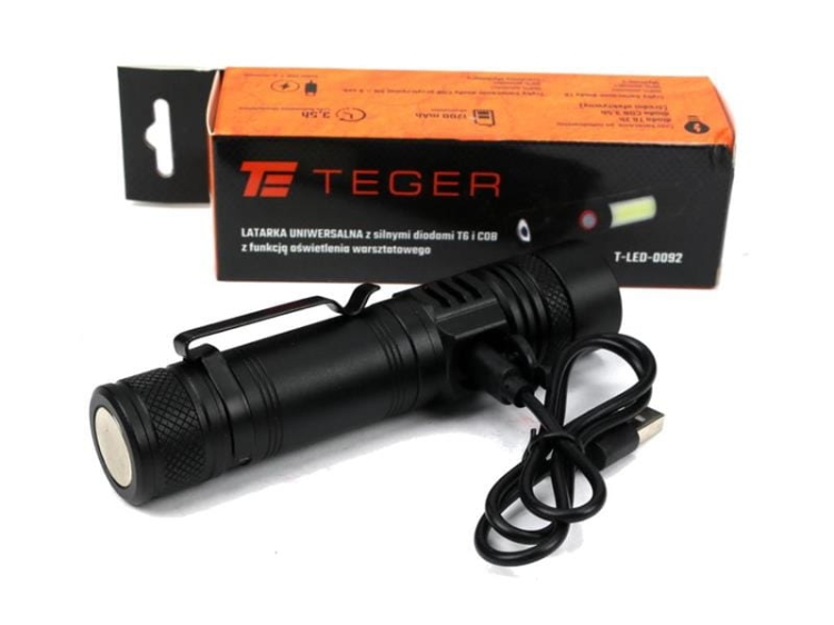 Latarka uniwersalna diody LED typu T6 COB aku 1200 mAh ładowany USB 400 lm Teger 2