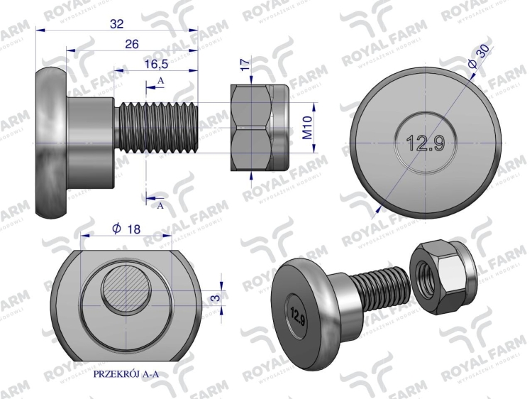 Śruba nożyka kpl. M10x32 zastosowanie Deutz Fahr Vicon ROYAL FARM 2