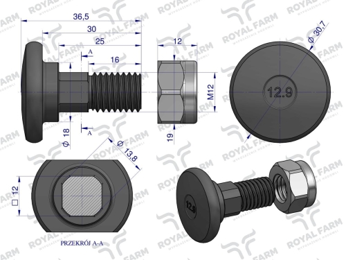 Śruba nożyka kpl. M12x37 Stoll Vicon 1374593 ROYAL FARM 2