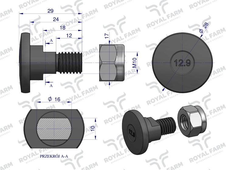Śruba nożyka kpl. M10x29 ROYAL FARM 2