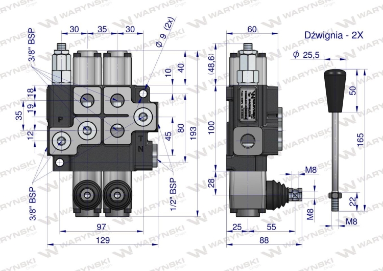 Rozdzielacz hydrauliczny 2-sekcyjny max przepływ 40L (1-sekcja nurnikowa) Waryński 3