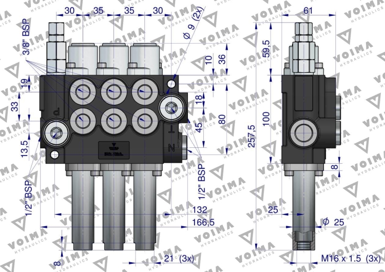 Rozdzielacz hydrauliczny 3-sekcyjny 40L sterowany na linkę VOIMA 3