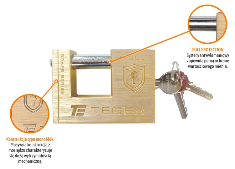 Kłódka antywłamaniowa - mosiężna trzpieniowa 80mm - 3 klucze TEGER 2