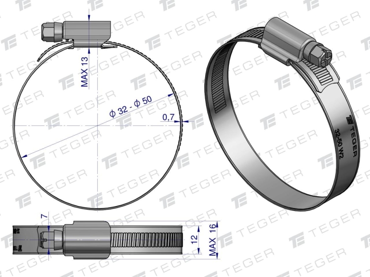 Opaska zaciskowa wzmocniona 32-50 ślimakowa (obejma W2 - stal nierdzewna) szerkość 12mm TEGER 2