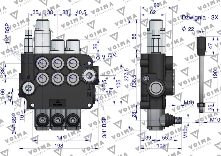 Rozdzielacz hydrauliczny 3-sekcyjny 80L (1-sekcja pływająca) VOIMA 3
