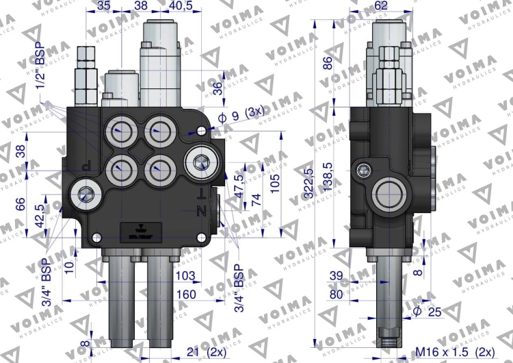 Rozdzielacz hydrauliczny 2-sekcyjny 80L (1-sekcja pływająca) sterowany na linkę VOIMA  4