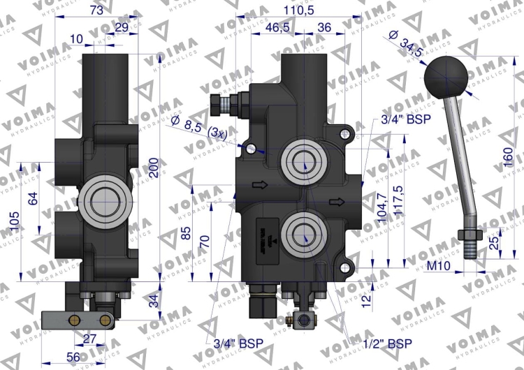 Rozdzielacz hydrauliczny 1-sekcyjny 80L do łuparek (sprężyna i zatrzask z odskokiem) VOIMA 4