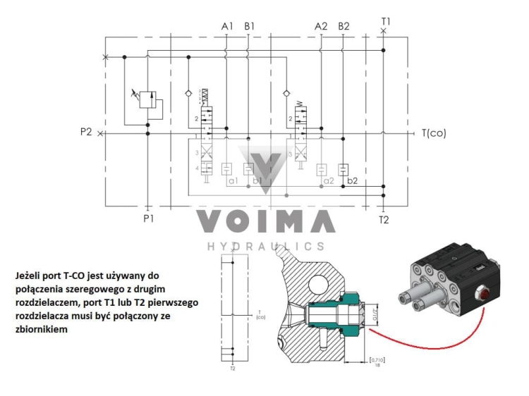 Rozdzielacz hydrauliczny do ładowaczy czołowych 2-sekcyjny (1 x sekcja pływająca) max przepływ 90L - sterowany na linkę i joystick VOIMA 4