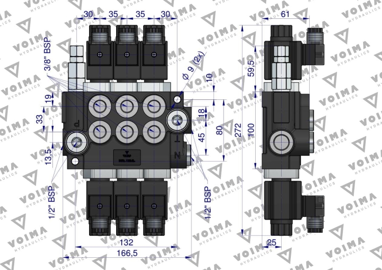 Rozdzielacz hydrauliczny 3-sekcyjny sterowany elektrycznie 12V 40L VOIMA 3