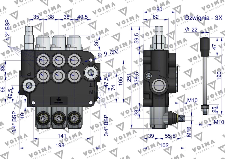 Rozdzielacz hydrauliczny 3-sekcyjny 80L z zatrzaskami VOIMA 3