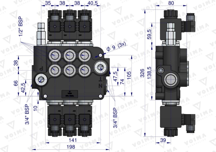 Rozdzielacz hydrauliczny 3-sekcyjny sterowany elektrycznie 12V 80L VOIMA 3