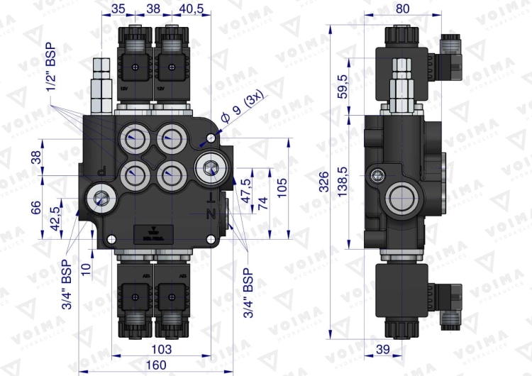 Rozdzielacz hydrauliczny 2-sekcyjny sterowany elektrycznie 12V 80L VOIMA 3