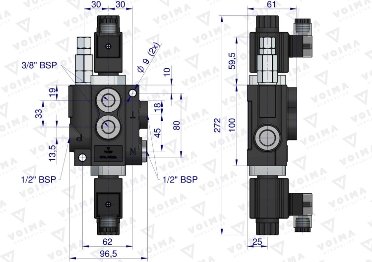 Rozdzielacz hydrauliczny 1-sekcyjny sterowany elektrycznie 12V 40L VOIMA 3