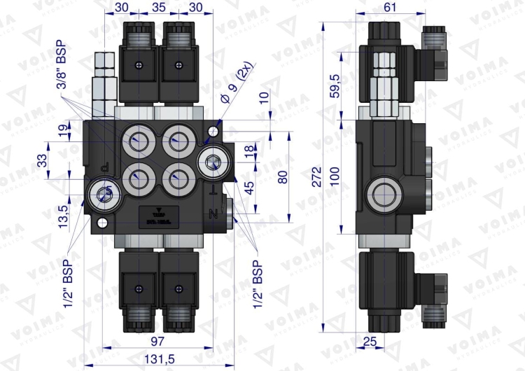 Rozdzielacz hydrauliczny 2-sekcyjny sterowany elektrycznie 12V 40L VOIMA 3