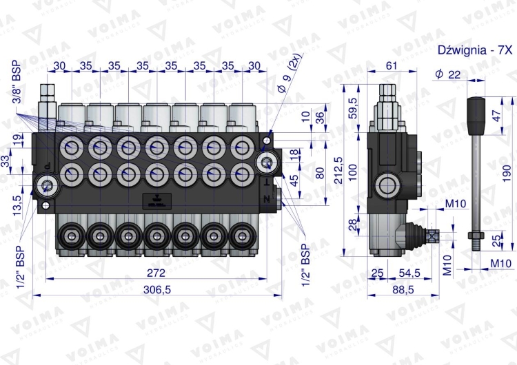 Rozdzielacz hydrauliczny 7-sekcyjny 40L VOIMA 3