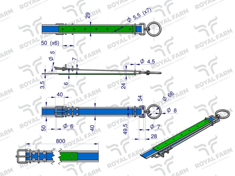 Obroża dla cieląt 80 cm x 4 cm z okrętką 8mm Royal Farm 3