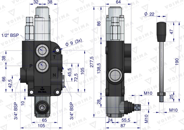 Rozdzielacz hydrauliczny 1-sekcyjny 80L z sekcją pływającą VOIMA 3