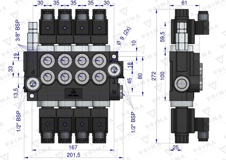 Rozdzielacz hydrauliczny 4-sekcyjny sterowany elektrycznie 12V 40L VOIMA 3