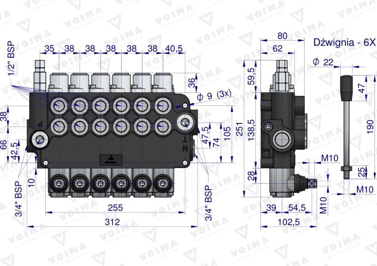 Rozdzielacz hydrauliczny 6-sekcyjny 80L VOIMA 3