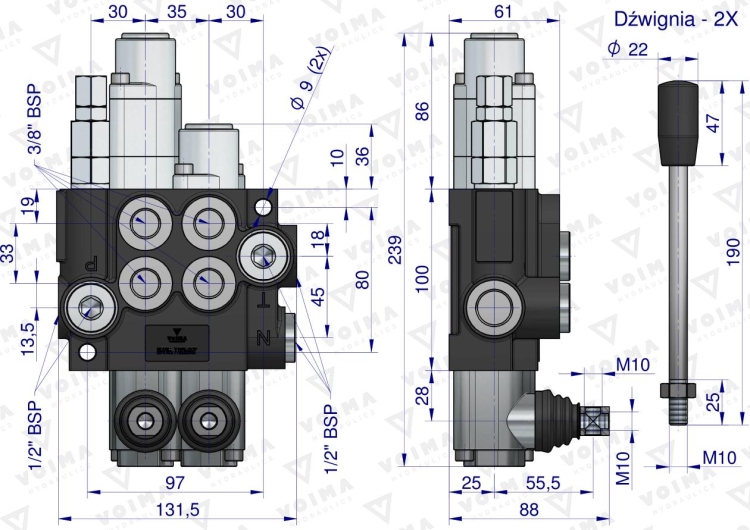 Rozdzielacz hydrauliczny 2-sekcyjny 40L (1-sekcja pływająca) VOIMA 2