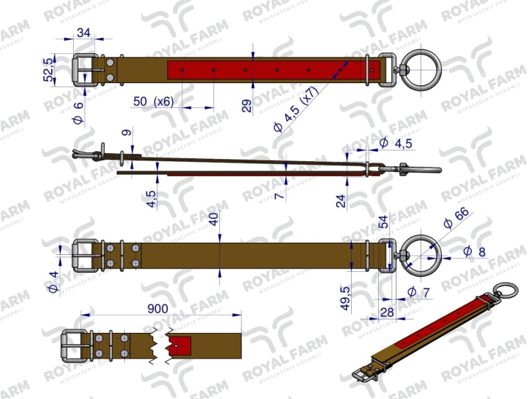 Obroża 90 cm x 4 cm z okrętką 8 mm i rolką na klamrze Royal Farm 3