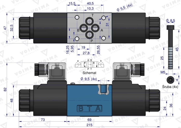 Rozdzielacz (elektrozawór CETOP 3 NG6) 3-pozycyjny 50L suwak "J" (cewki x2) 230V VOIMA 2