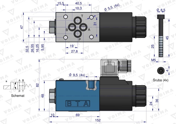 Rozdzielacz (elektrozawór CETOP 3 NG6) 2-pozycyjny 50L suwak "HA" (cewka x1) 24V VOIMA 2