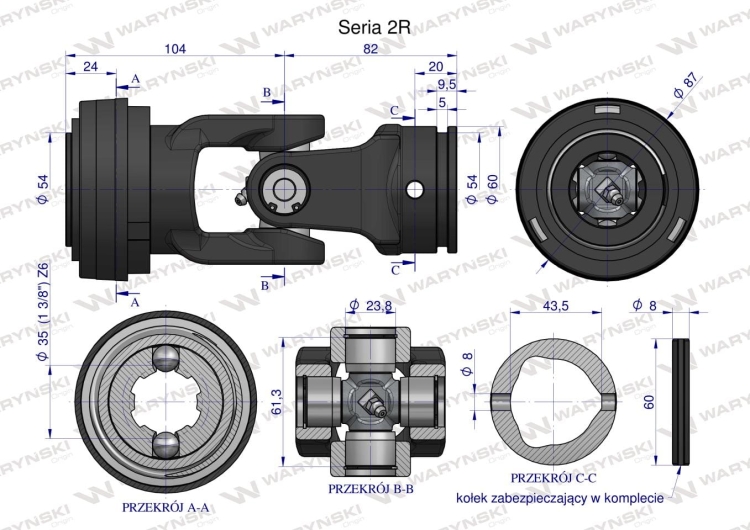 Przegub kompletny z krzyżakiem 23.8X61.3 seria 2 do rury zewnętrznej 43.5mm Waryński 3