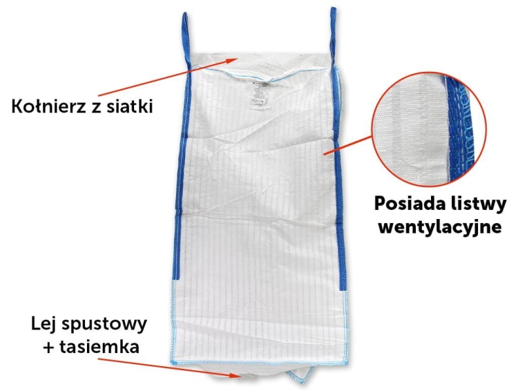 Worek BIG BAG 1000kg wentylowany 95 x 95 x 180 4 uchwyty Kołnierz/Lej spustowy Tasiemka TEGER