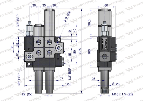 Rozdzielacz hydrauliczny dwusekcyjny sterowany joystickiem (2 sekcje) jedna sekcja pływająca 40L/min Waryński 2