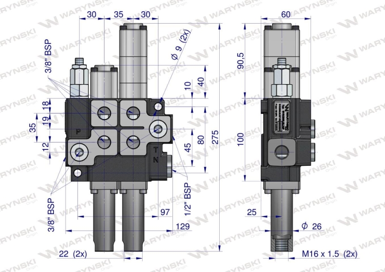 Rozdzielacz hydrauliczny dwusekcyjny sterowany joystickiem (2 sekcje) jedna sekcja pływająca 40L/min Waryński 2