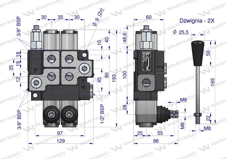 Rozdzielacz hydrauliczny 2-sekcyjny max przepływ 40L Waryński 5