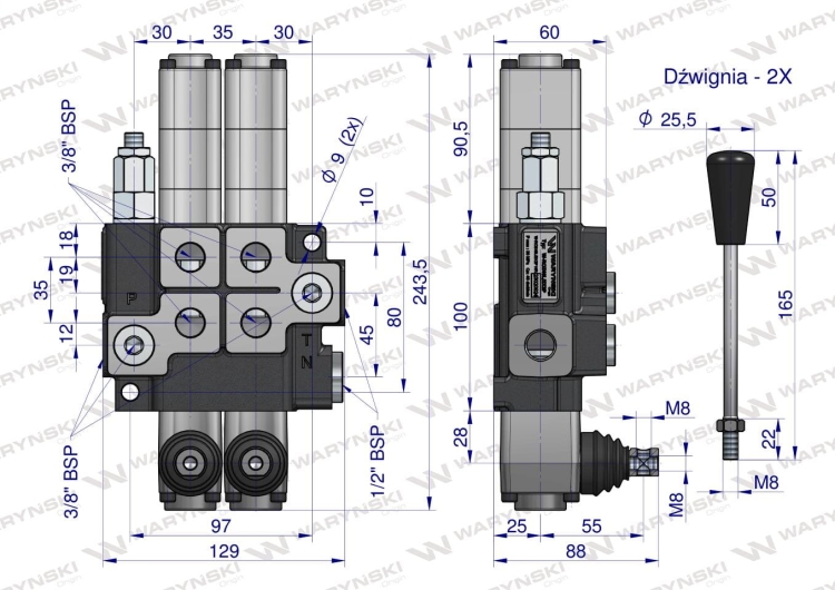 Rozdzielacz hydrauliczny 2-sekcyjny max przepływ 40L (2 sekcje - pływające) Waryński 3