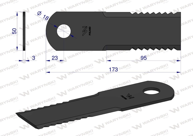 Nóż obrotowy rozdrabniacz słomy sieczkarnia 173x50x3mm otwór 18 zastosowanie 065294 525100 Claas WARYŃSKI  2