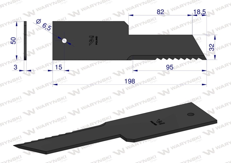 Nóż stały rozdrabniacz słomy sieczkarnia 198x50x3mm otwór 6.5 zastosowanie Z59033 280910Z John Deere WARYŃSKI 2