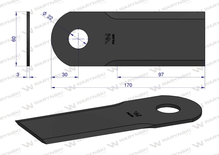 Nóż obrotowy rozdrabniacz słomy sieczkarnia Bizon DYMINY/ŻUKOWO szerokość 60mm fi-22 WARYŃSKI 2