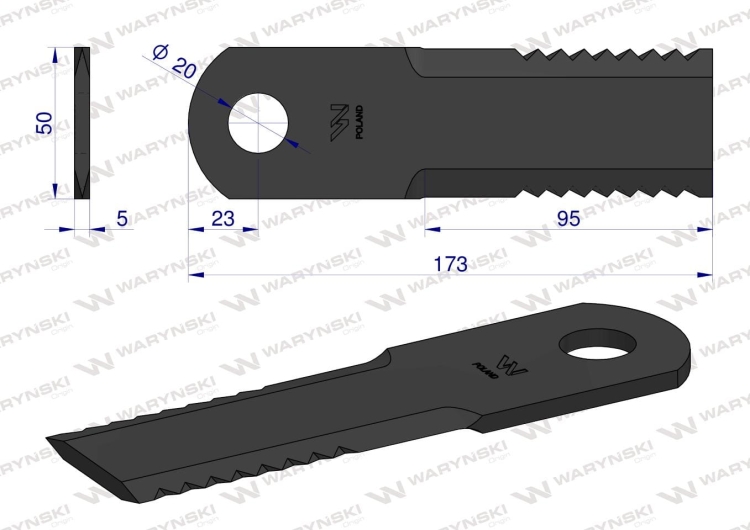 Nóż obrotowy rozdrabniacz słomy sieczkarnia 173x50x5mm otwór 20 zastosowanie 87318316 New Holland WARYŃSKI  2
