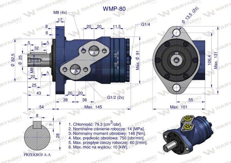 Silnik hydrauliczny orbitalny WMP 80 cm?/obr (140 bar / max.175 bar) Waryński 3