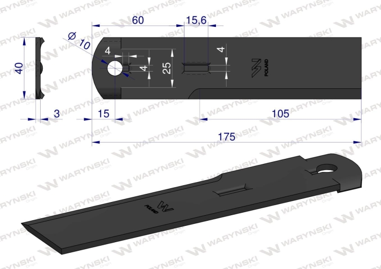 Nóż stały rozdrabniacz słomy sieczkarnia 175x40x3mm otwór 10 zastosowanie 1322233C2 525115 Dronningborg Case MF WARYŃSKI 2