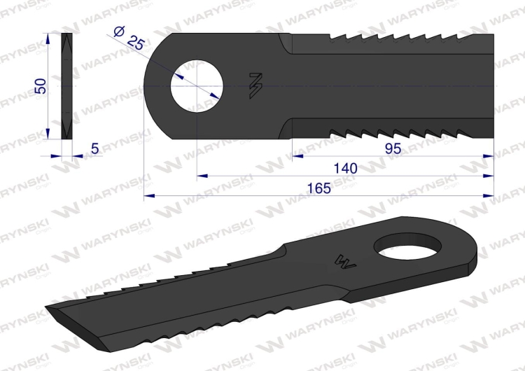 Nóż obrotowy rozdrabniacz słomy sieczkarnia uzębiony 165x50x5mm otwór 25 zastosowanie DS175 WARYŃSKI 2
