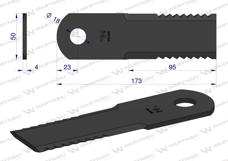 Nóż obrotowy rozdrabniacz słomy sieczkarnia 173x50x4mm otwór 18 zastosowanie 600174 John Deere MF New Holland WARYŃSKI 2