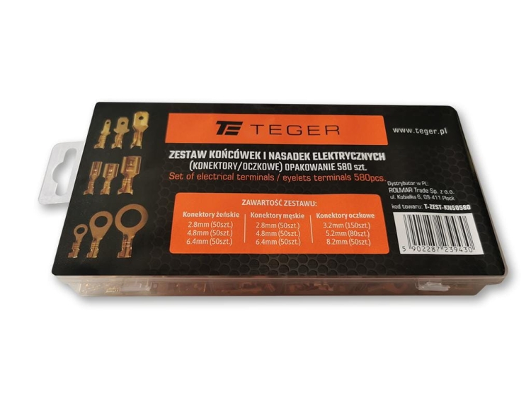 Zestaw końcówek i nasadek elektrycznych konektory oczkowe 580szt TEGER