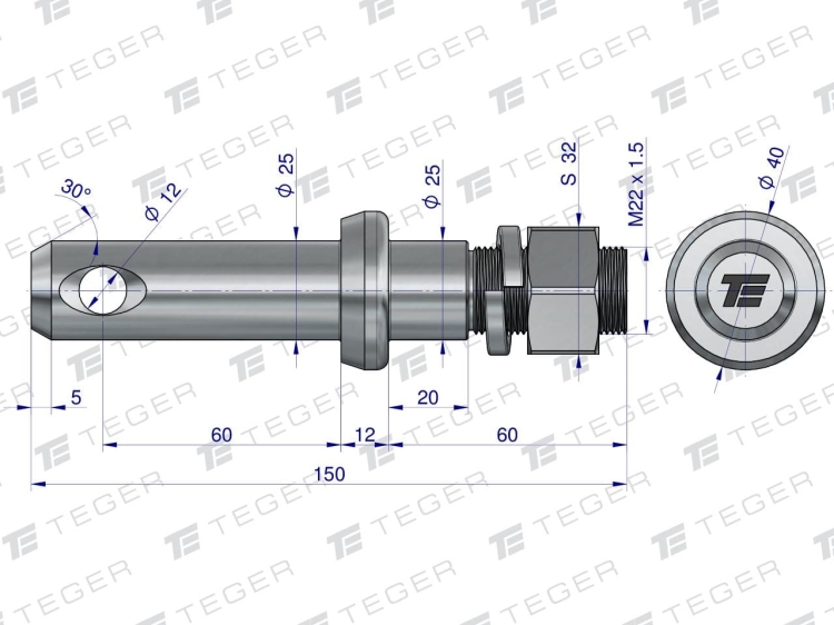 Sworzeń z gwintem T-SG25602550150 fi 25/60 mm M22x1.5/40 mm 150 mm TEGER 3