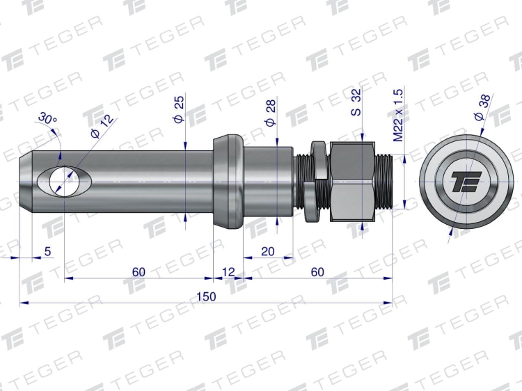 TSworzeń z gwintem T-SG25602240150 fi 25/60 mm M22x1.5/40 mm 150 mm TEGER