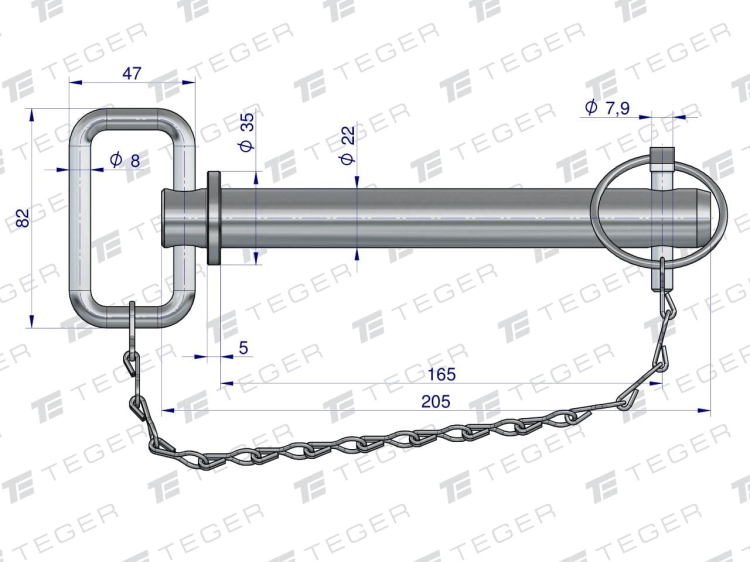 Sworzeń zaczepu z zawleczką i łańcuchem 22x165x205 TEGER 3